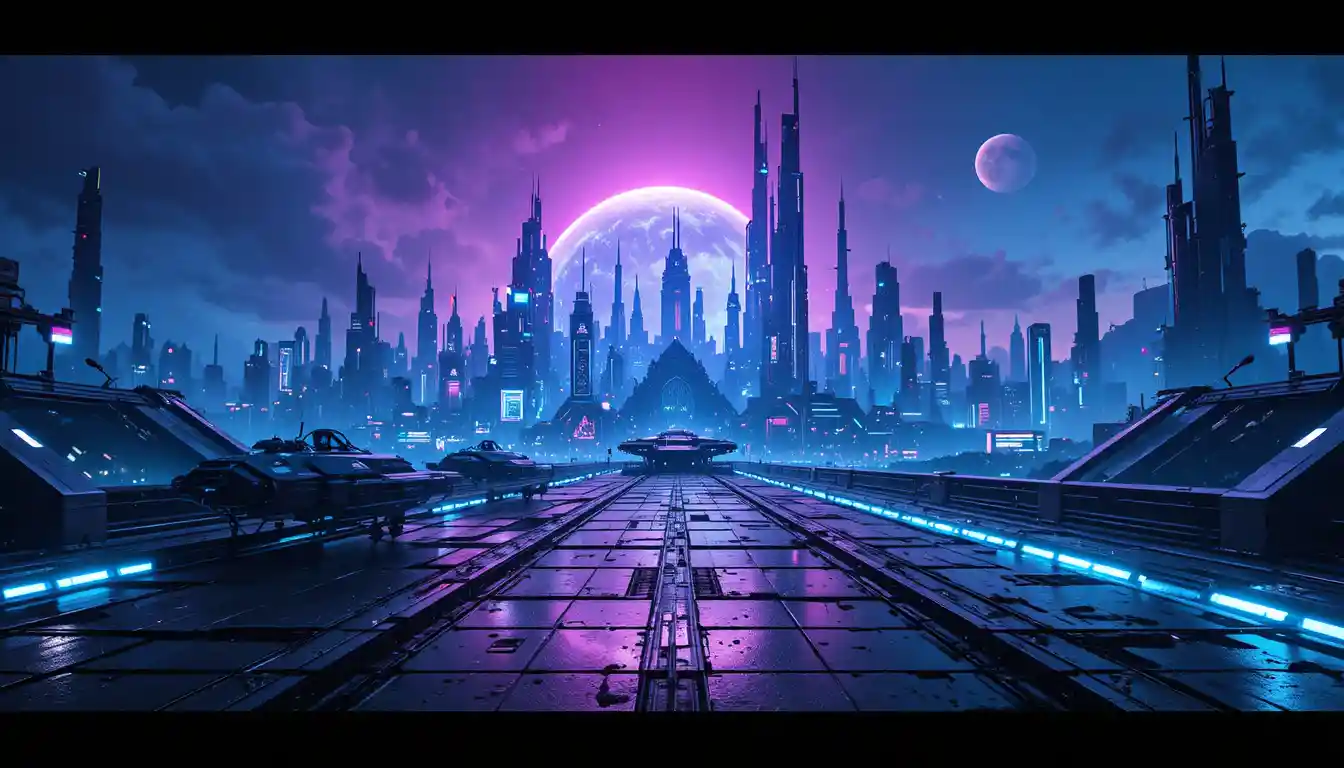 Skyline futuristica di città aliena sotto un cielo blu neon brillante