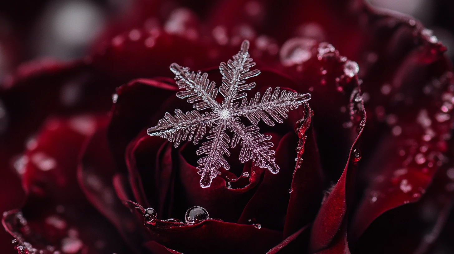 ダークな凍ったバラの花びらに舞い降りたマクロ雪の結晶ファンタジー