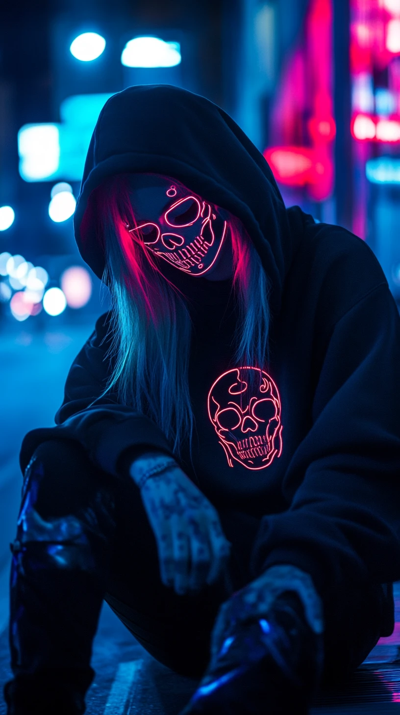 Modelo de streetwear com moletom preto em cena noturna na cidade