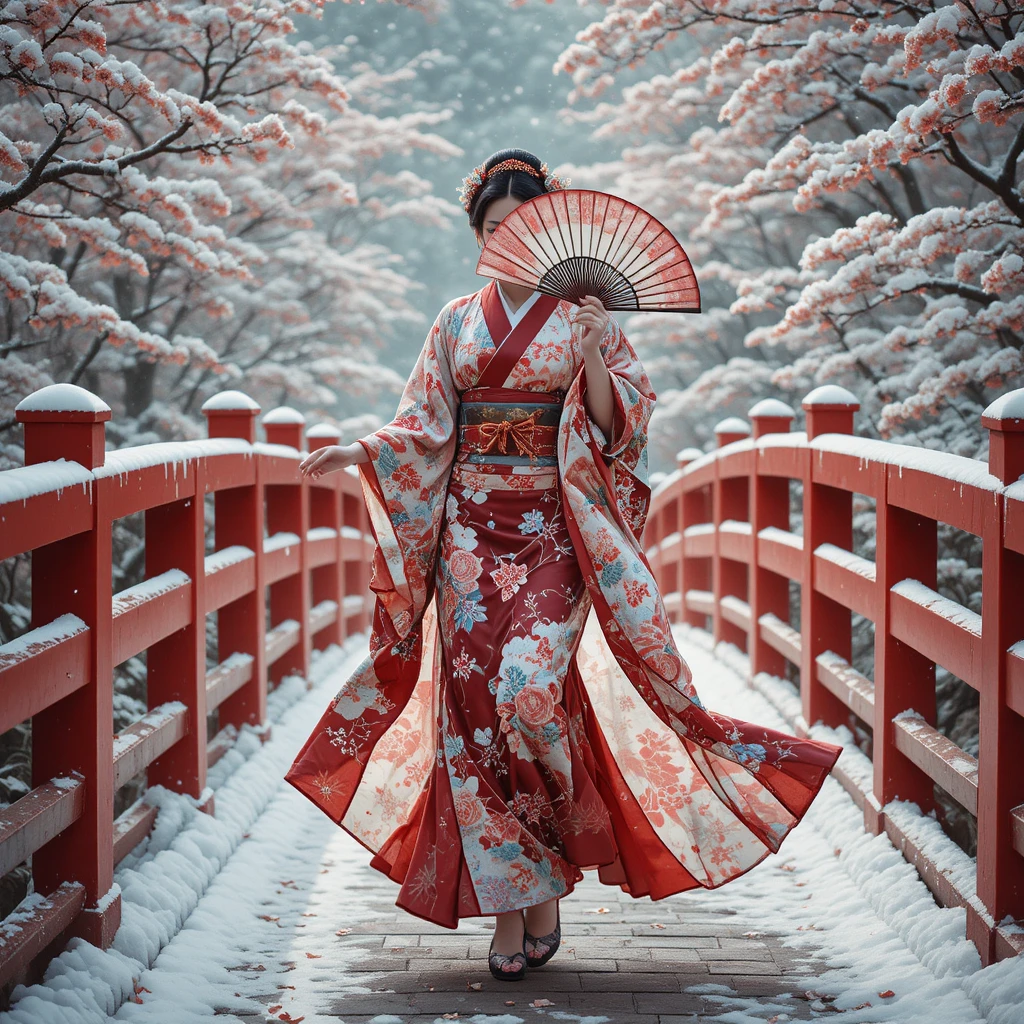 Elegante Oiran überquert eine zinnoberrote Brücke in saisonaler Szenerie