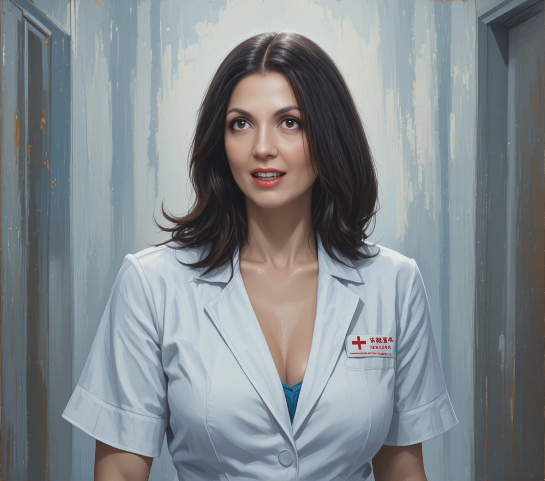 Young nurse in white uniform in a hospital room