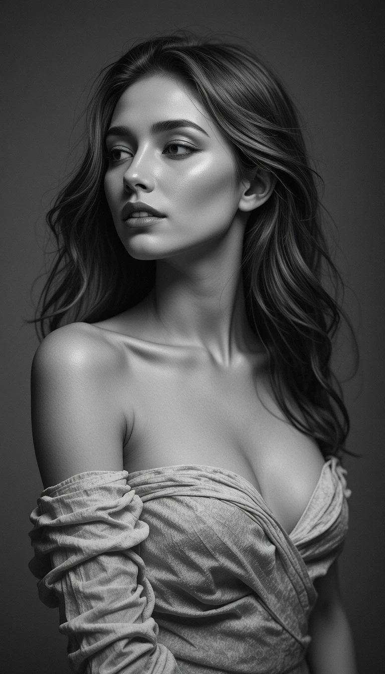 Elegant black and white portrait of a thoughtful woman