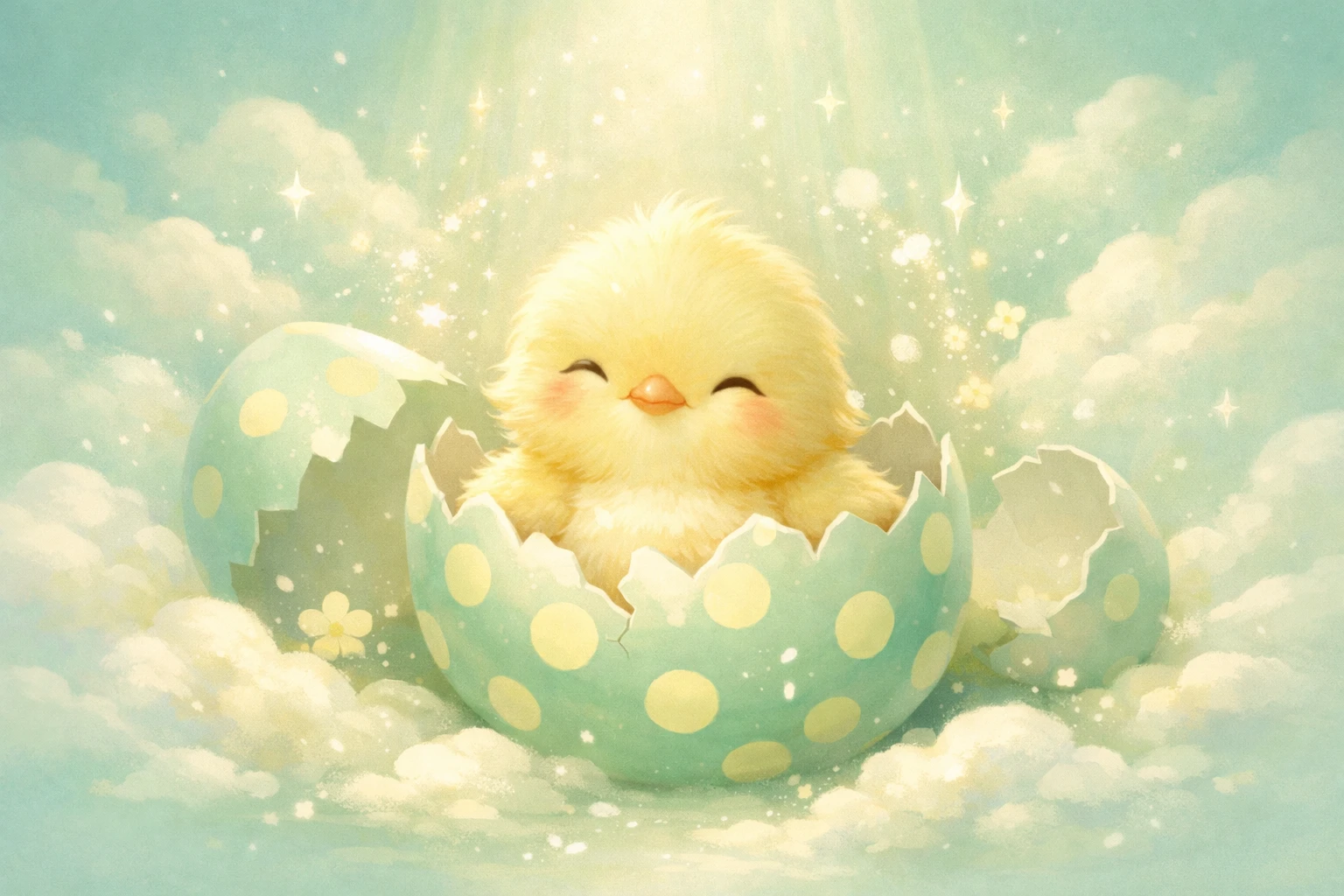 Cute baby chick hatching from a pastel polka dot egg