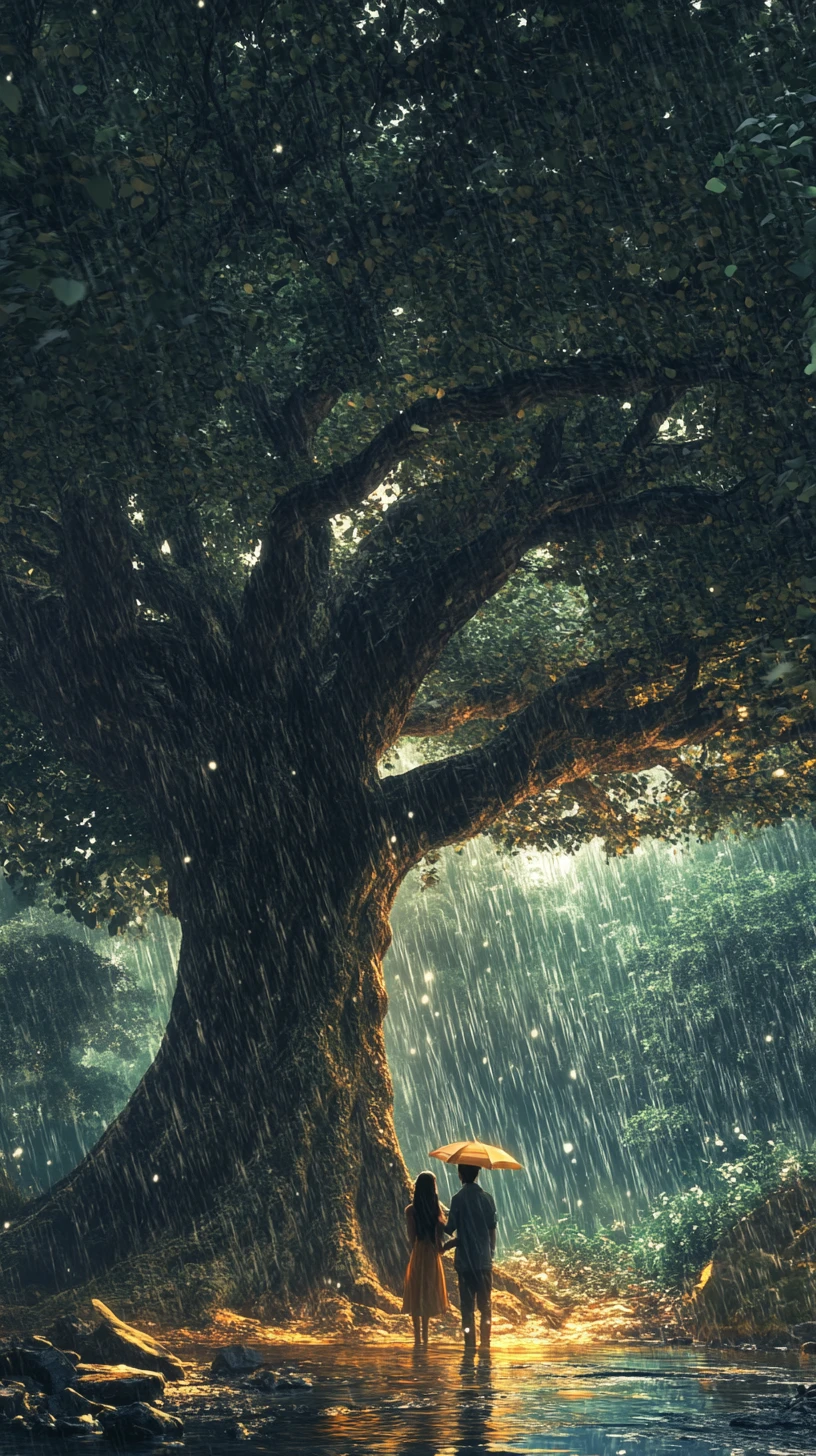 Duas pessoas abrigadas sob uma árvore gigantesca da chuva ao redor