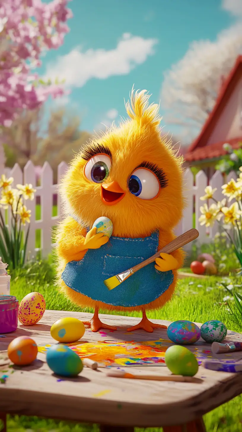 Peinture d’un mignon poussin jaune dans un jardin de fleurs colorées