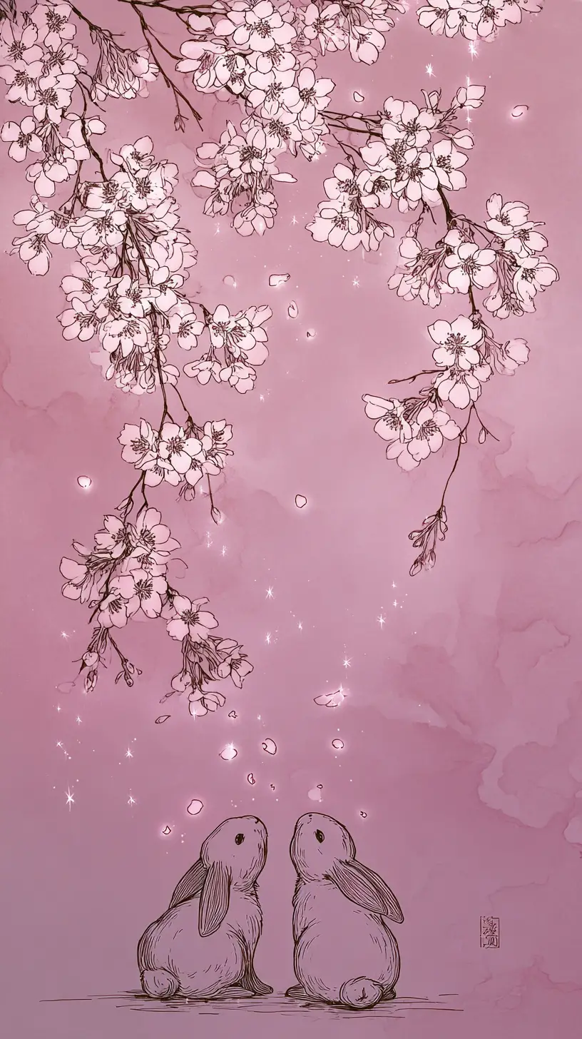 Conigli che osservano petali di sakura che cadono in line art luminosa