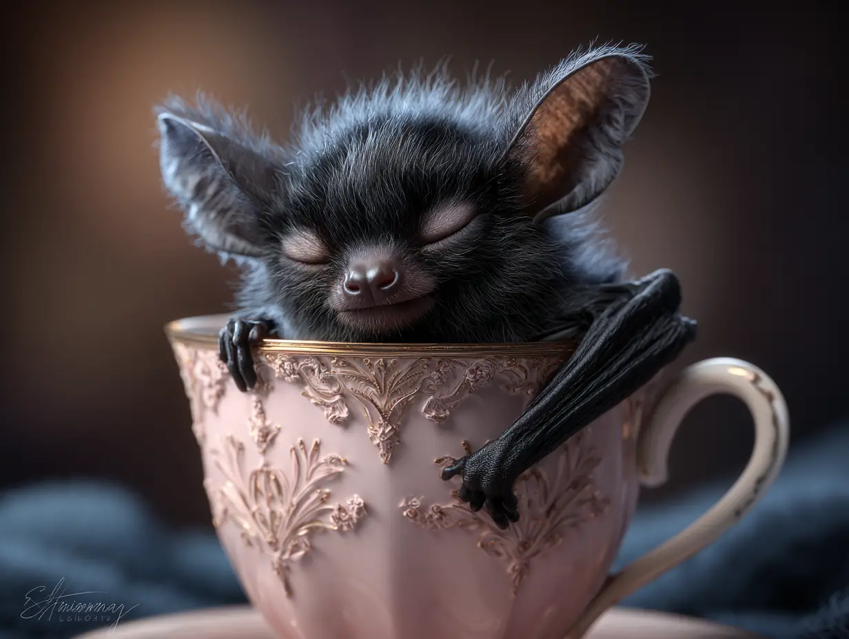 大きなコーヒーカップを抱きしめるかわいいコウモリのイラスト