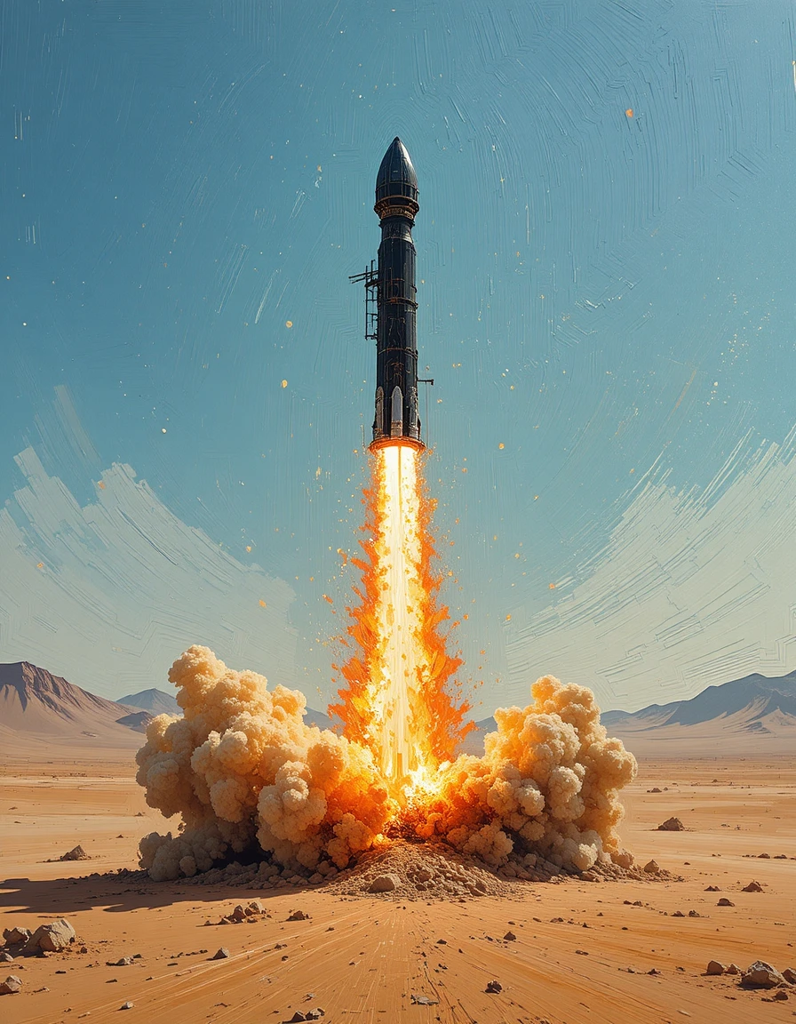 Schwarze Rakete startet am Tag über einer trockenen Wüste