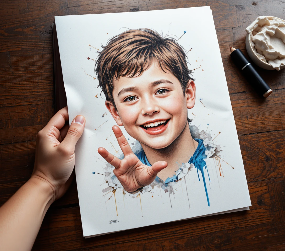 Young boy reaching from paper in realistic pencil drawing