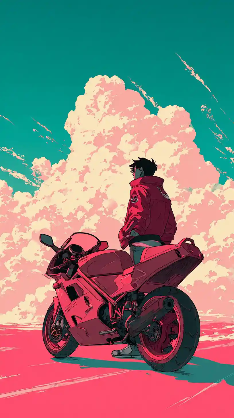Anime boy in winter fashion with neon pop bike