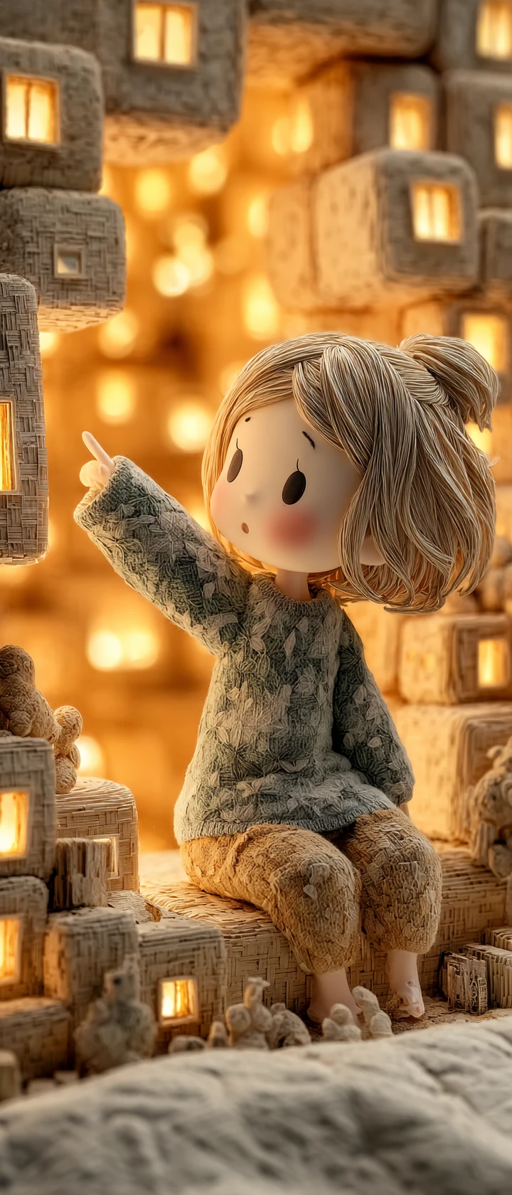 Anime child in paper art bedroom pointing at night city
