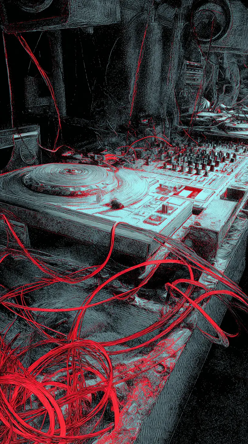 Abstrakte DJ-Ausrüstung mit chaotischer Party-Energie
