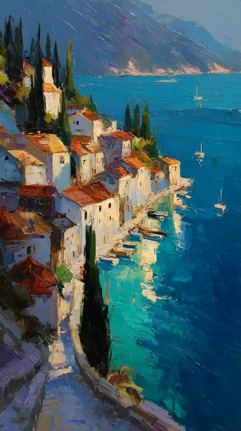 Impasto-Gemälde einer Küstenstadt am Hang über einem türkisfarbenen Hafen