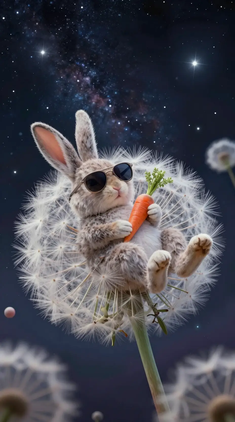 宇宙夜空中躺在蒲公英上的復活節兔子