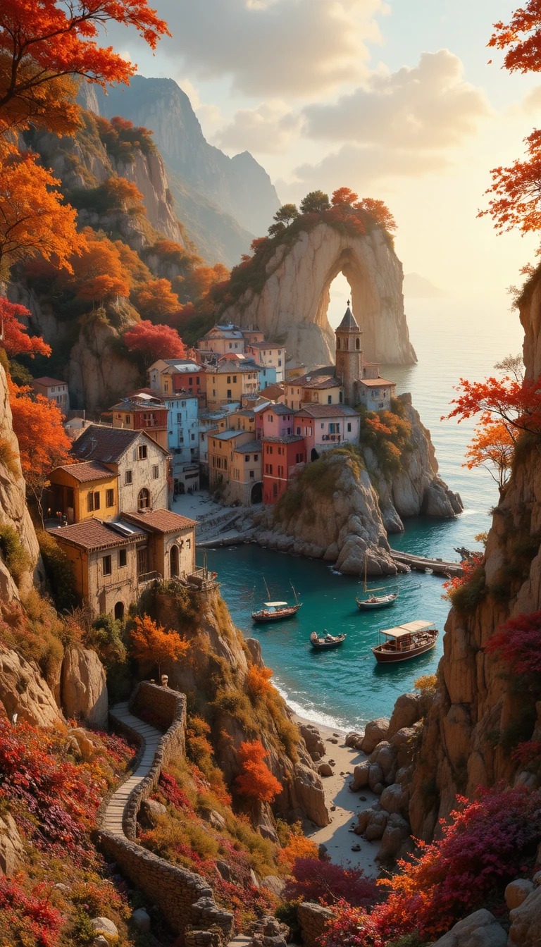 Magical coastal village at sunset beneath towering cliffs