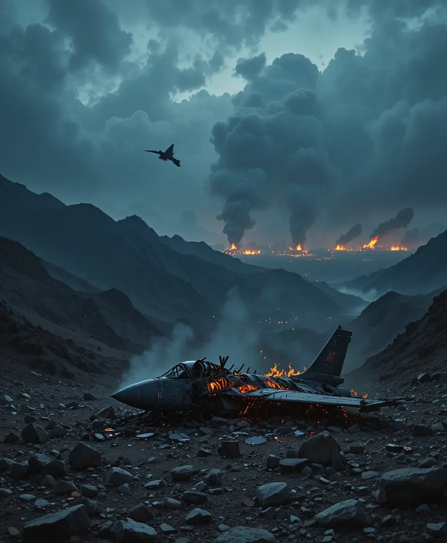 夕暮れのイラン・ザグロス山脈で燃える戦闘機の残骸