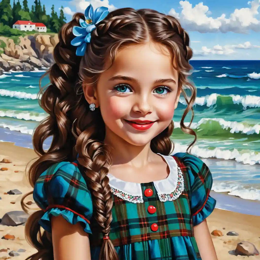 Bambina sorridente dagli occhi azzurri con lunghi capelli castani intrecciati