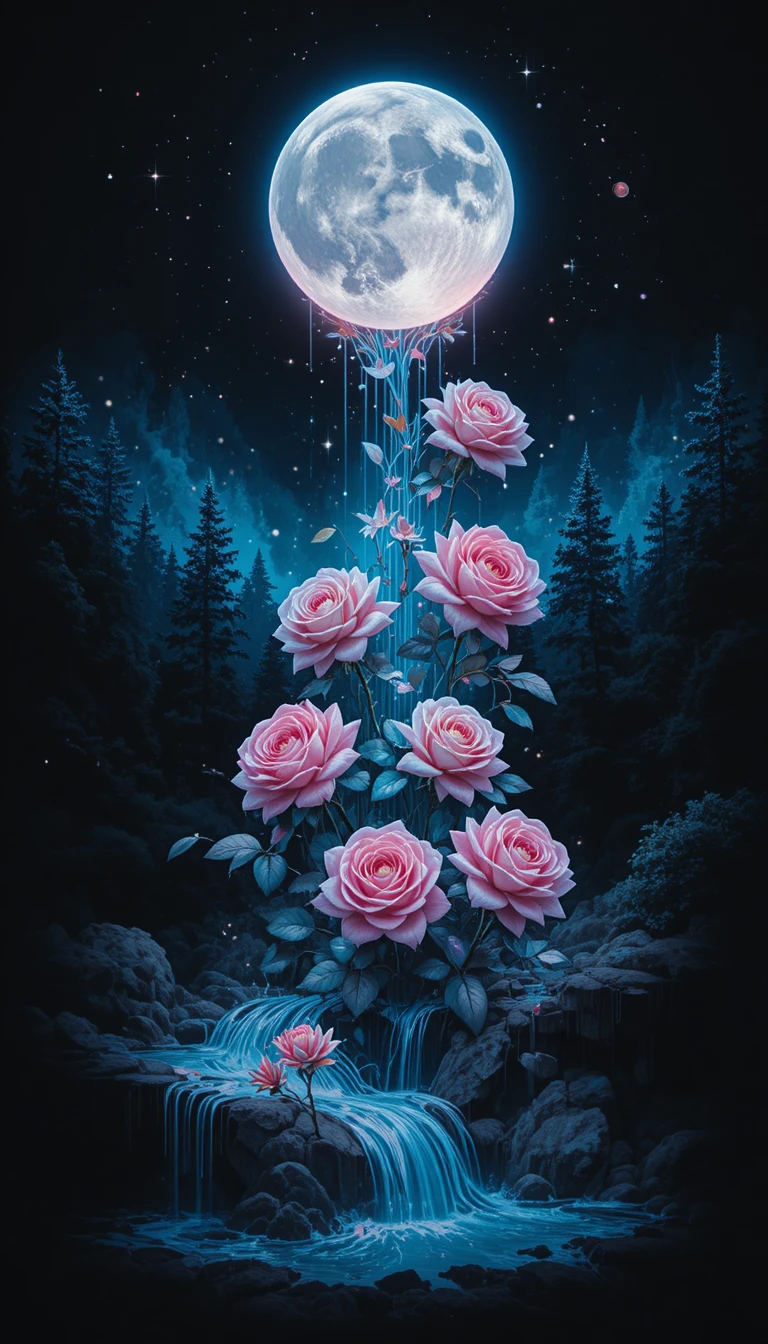 Neon double exposure waterfall of roses under night sky