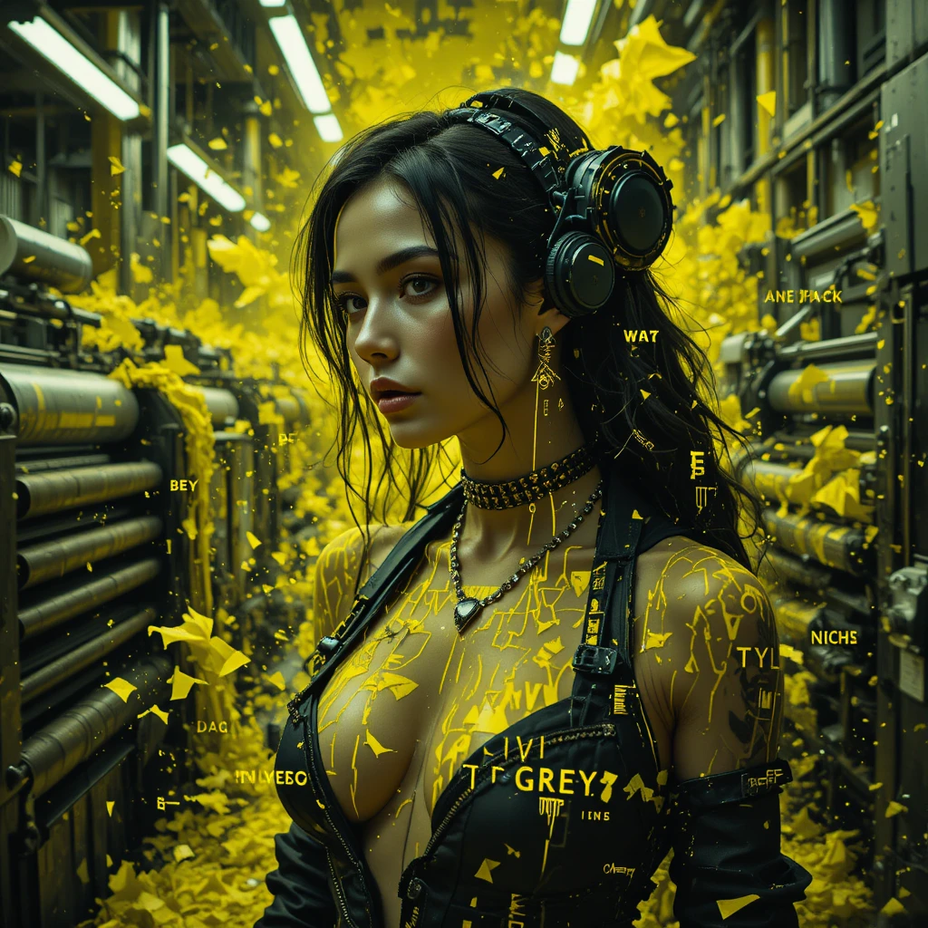 Close-up de femme fatale em caótica gráfica industrial