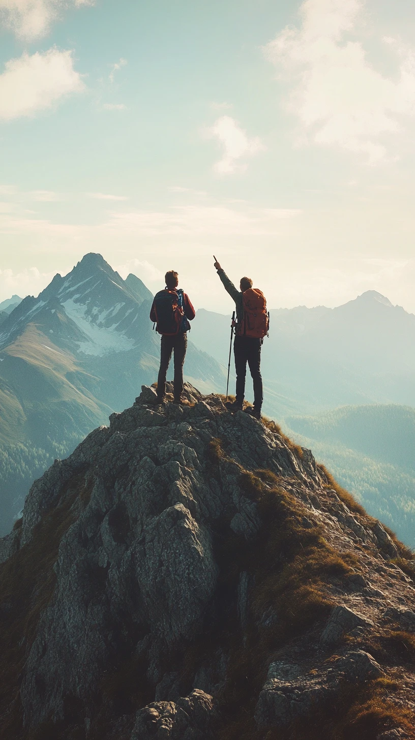 Dois caminhantes no topo da montanha com vista para o horizonte distante