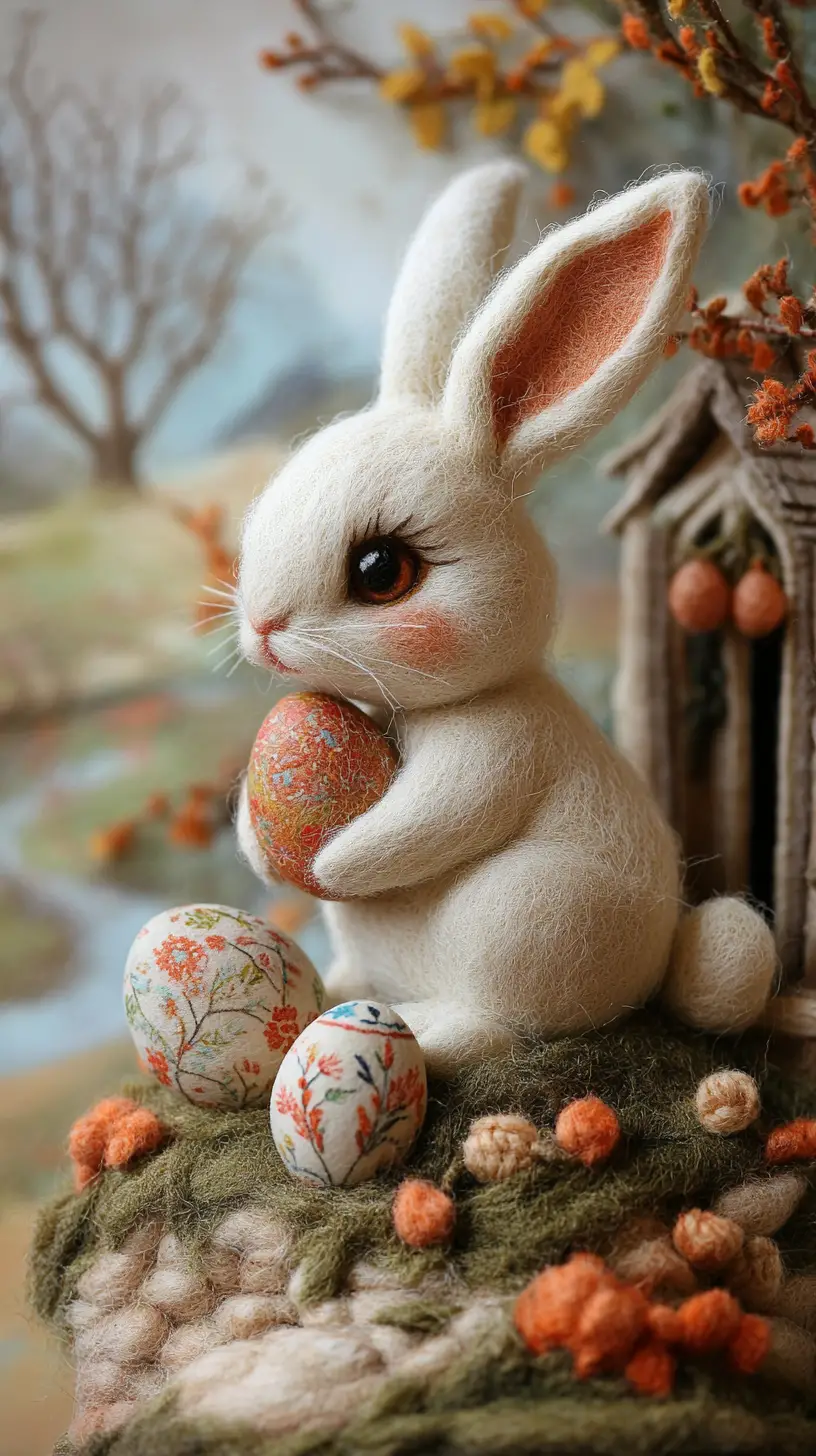 Cute wool felt rabbits in a whimsical fairytale world