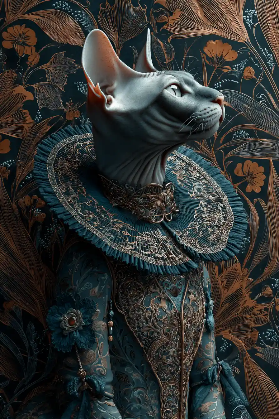 Elegant oriental cat in teal dress with swirling botanicals