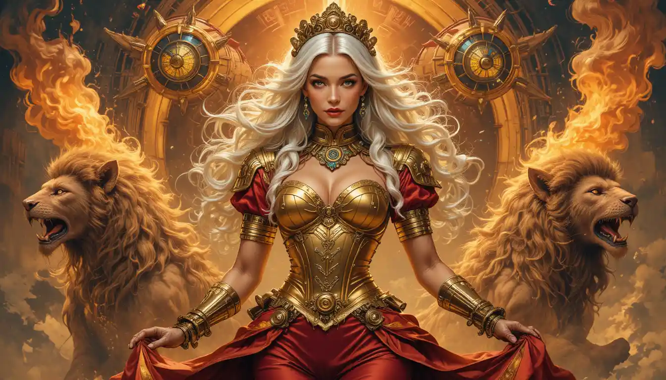 Steampunk lion crowned woman in radiant golden uniform