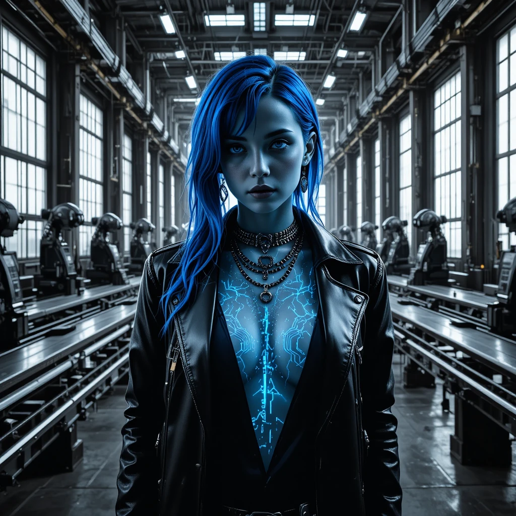 Femme cyberpunk en style noir, gros plan dans une immense usine