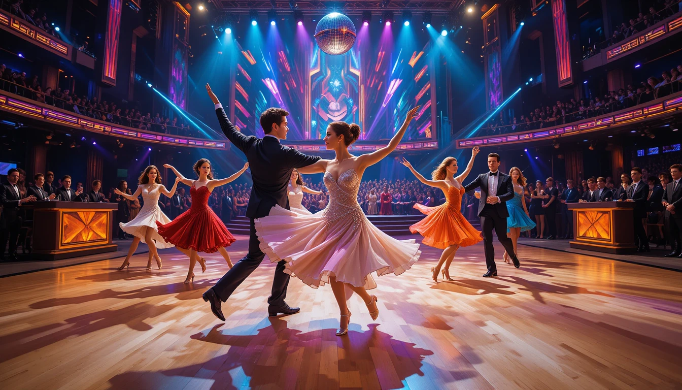 Ballroom dancers performing on a glamorous competition stage