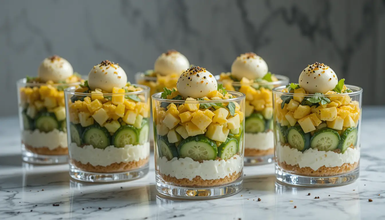 Gourmet verrines layered with vegetables and quail eggs