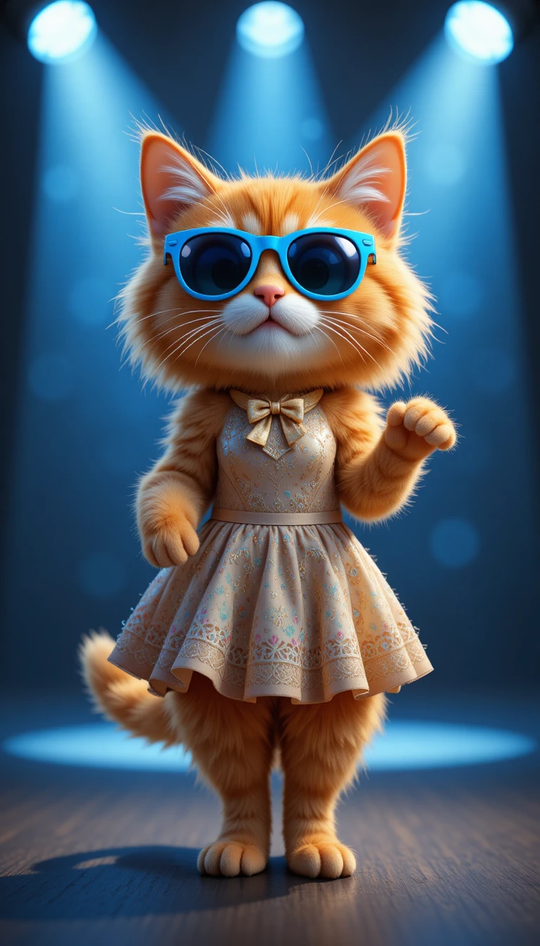 Gato laranja fofo dançando de vestido e óculos de sol azuis