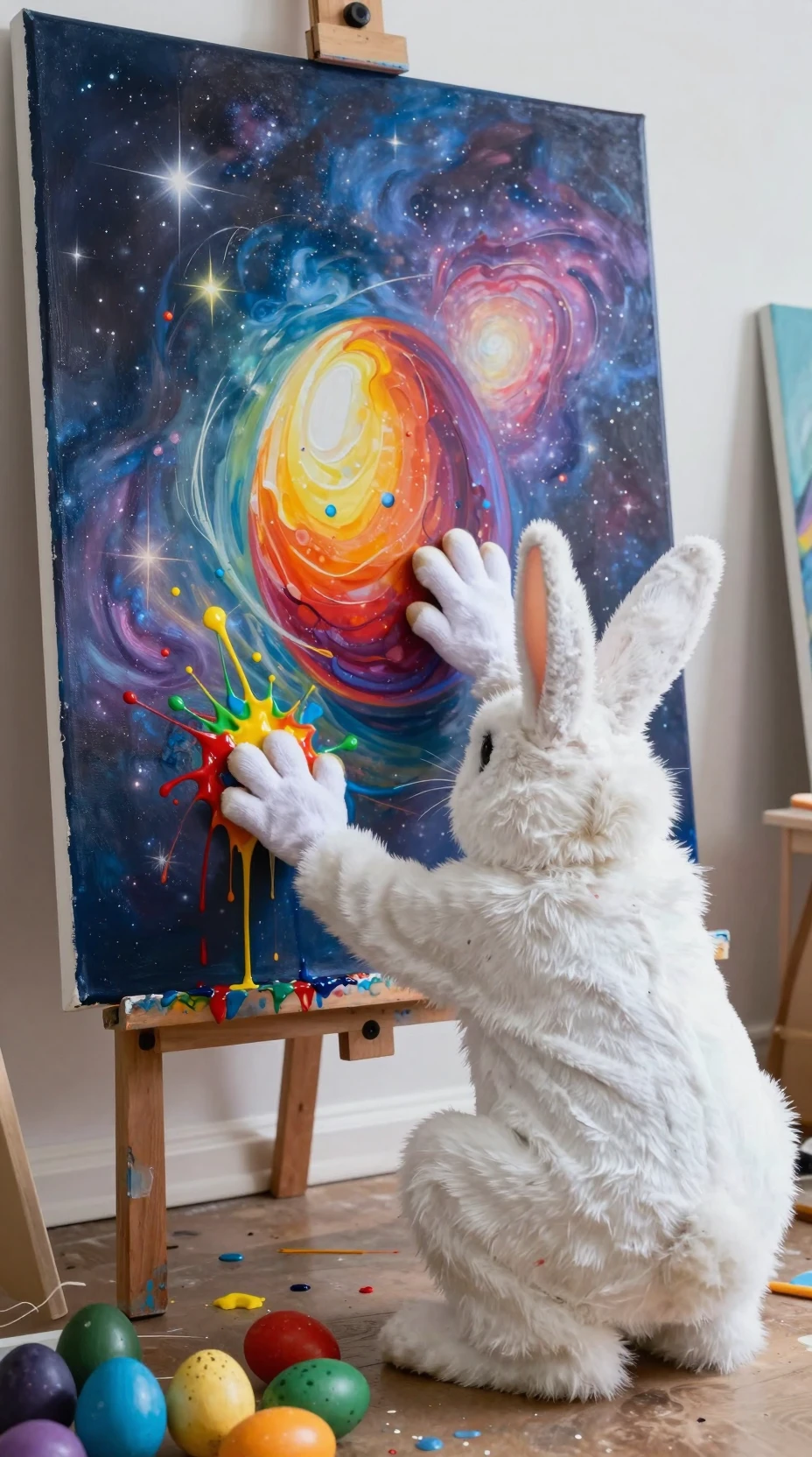 Coelho da Páscoa pintando ovos coloridos em uma aula de arte lúdica