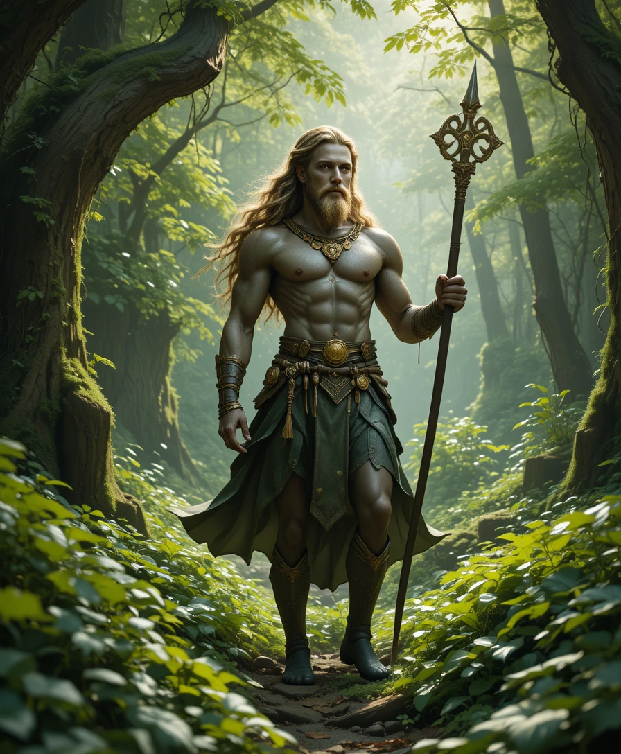 Celtic hunter god standing in a lush green forest