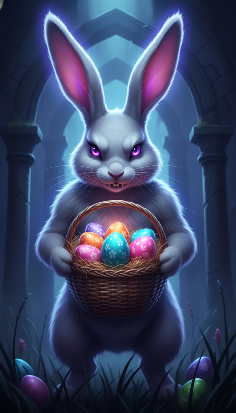 Sinister anthropomorphic rabbit with glowing eyes and Easter eggs