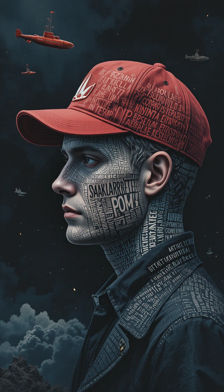 Surreal typographic profile portrait of a man in red cap