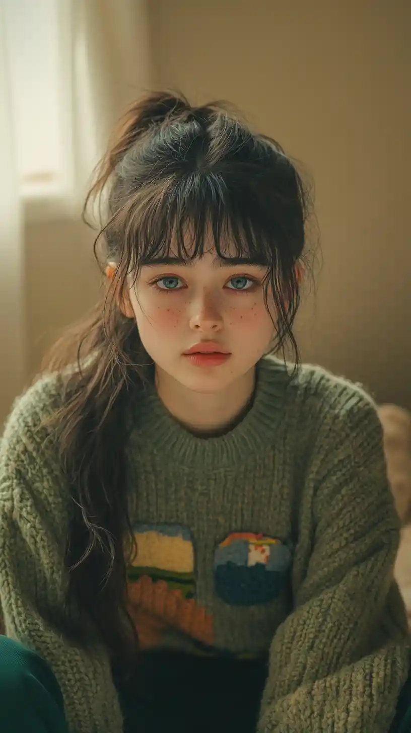 Relaxed anime girl in cozy patched sweater indoors