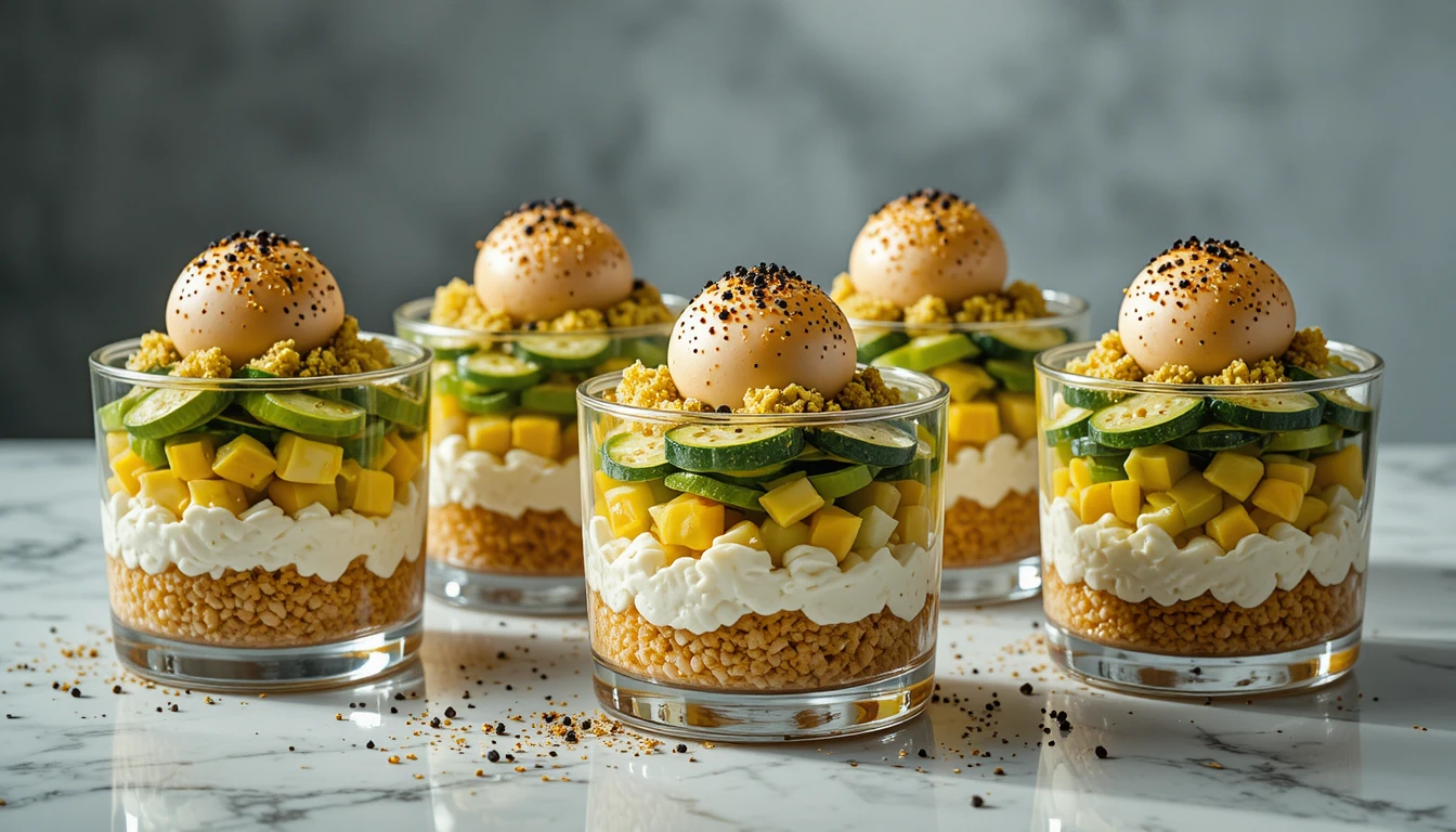 Gourmet verrines layered on a light marble dining table