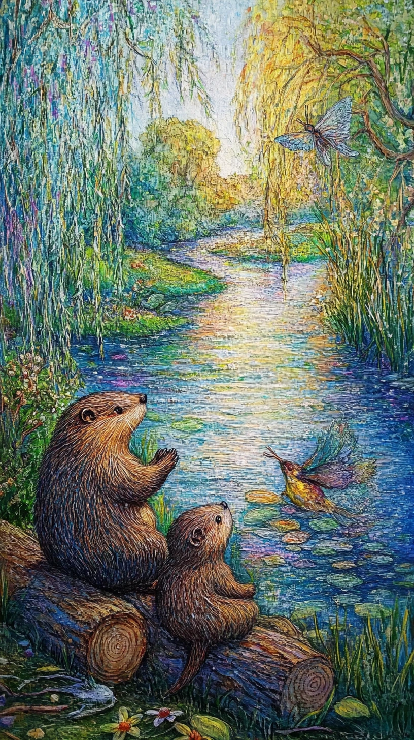 Joyful beavers by a riverside with logs and willows