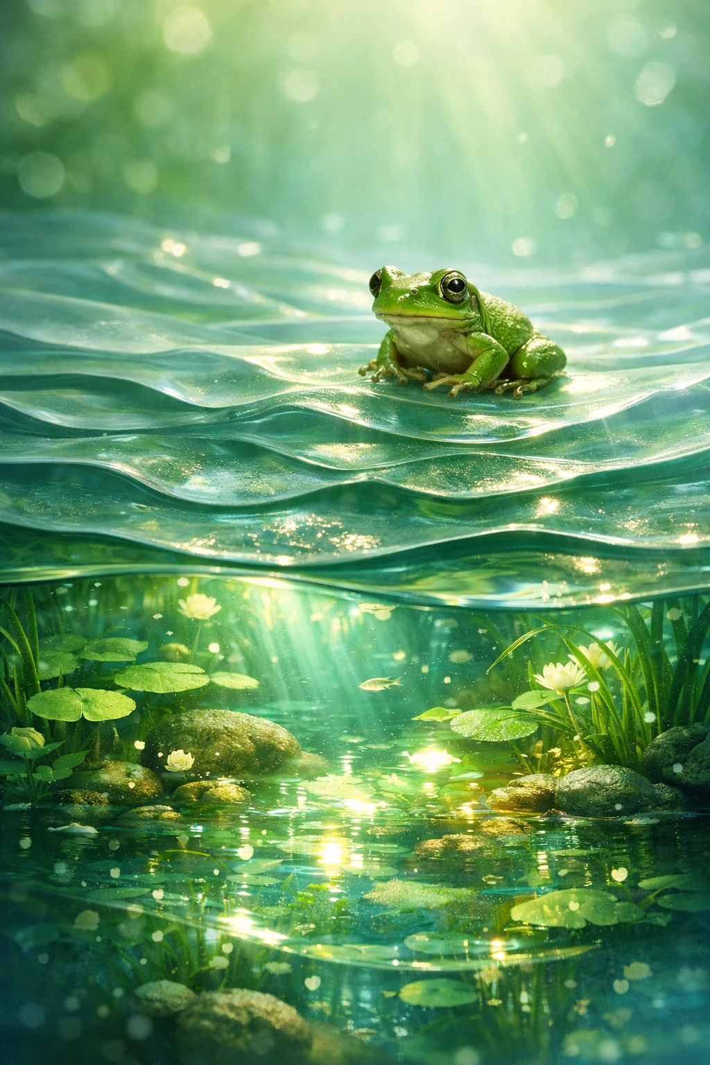 Petite grenouille au-dessus d’un écosystème d’étang en couches et lumineux