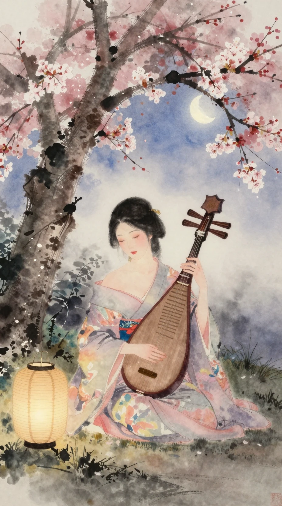 Mulher Tocando Koto Sob a Cerejeira ao Anoitecer