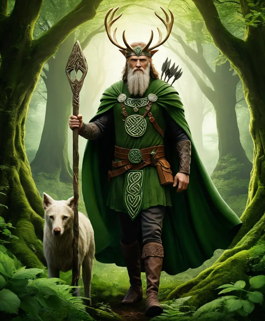 Celtic hunter god standing in a lush green forest