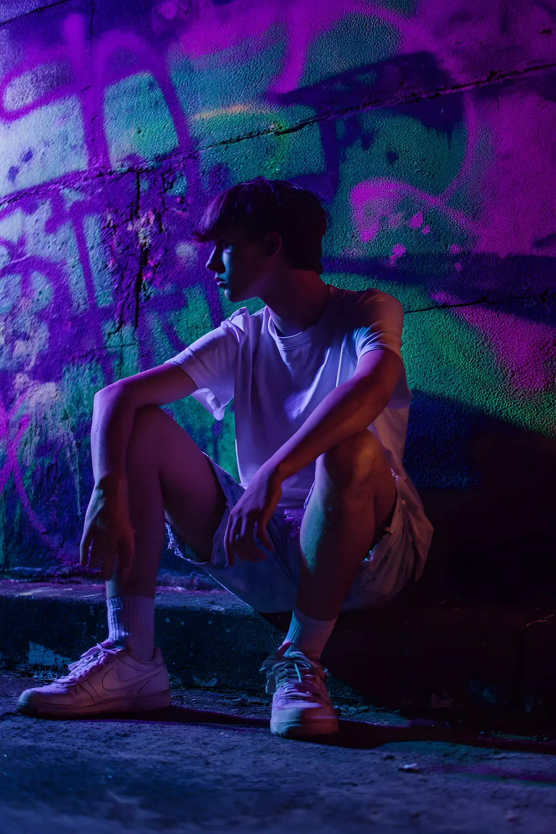 Junger Mann sitzt nachts an einer Neon-Graffiti-Wand