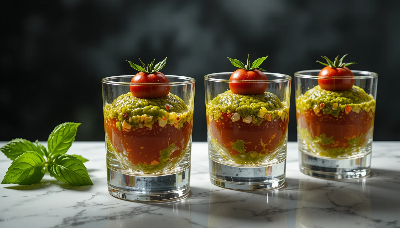 Elegant tomato and pistou appetizers in crystal glass verrines