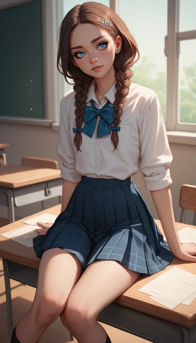 Petite schoolgirl sitting confidently on a wooden classroom desk