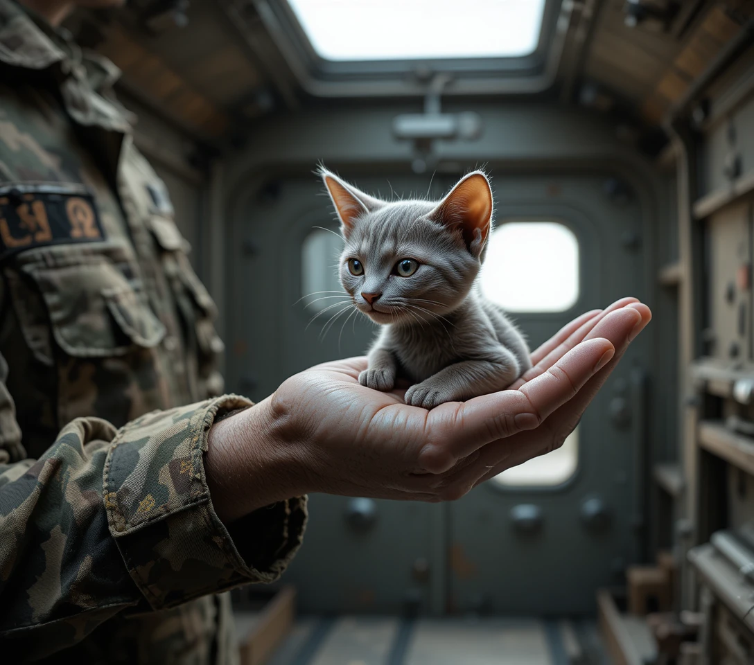 Schlafendes graues Kätzchen in der rauen Hand eines Soldaten