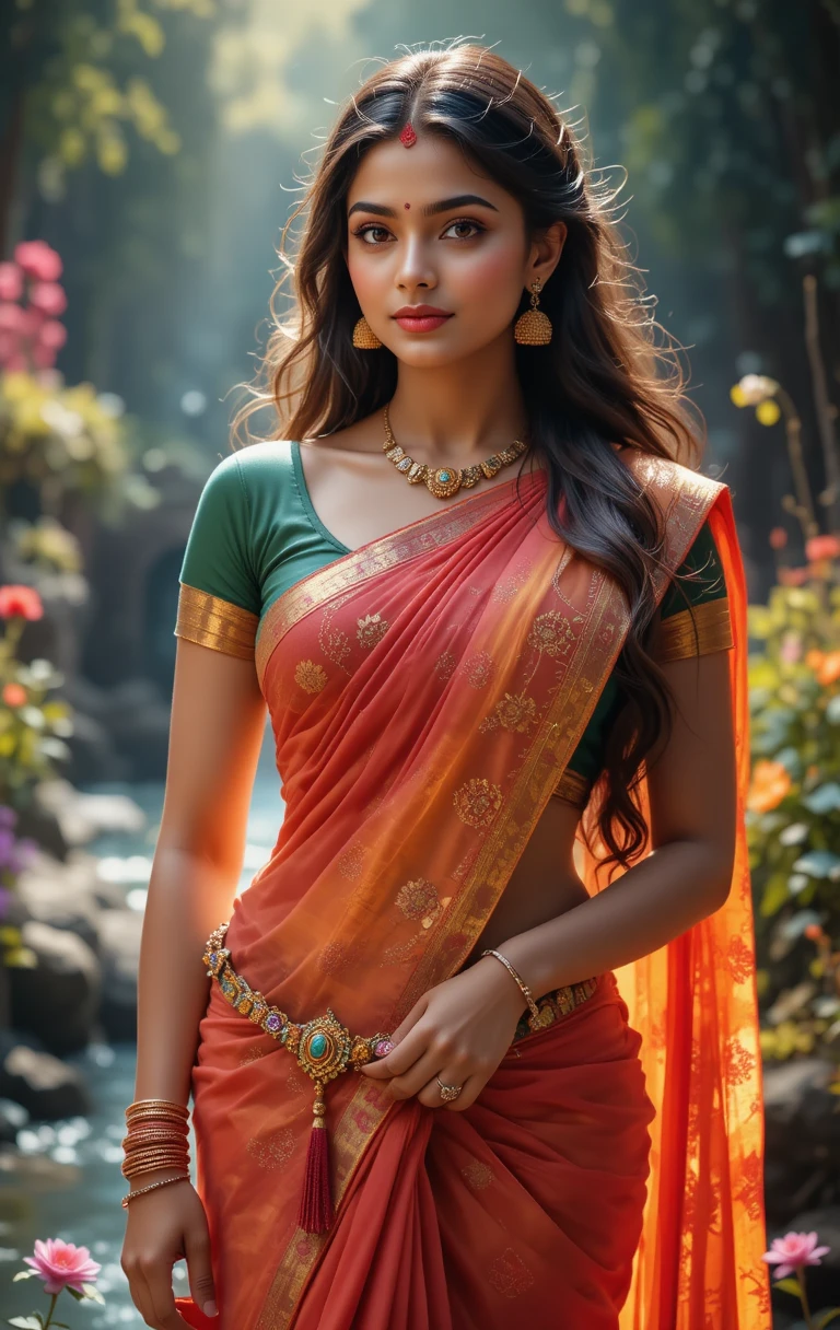 Glamorous woman in saree beside a clear flowing stream