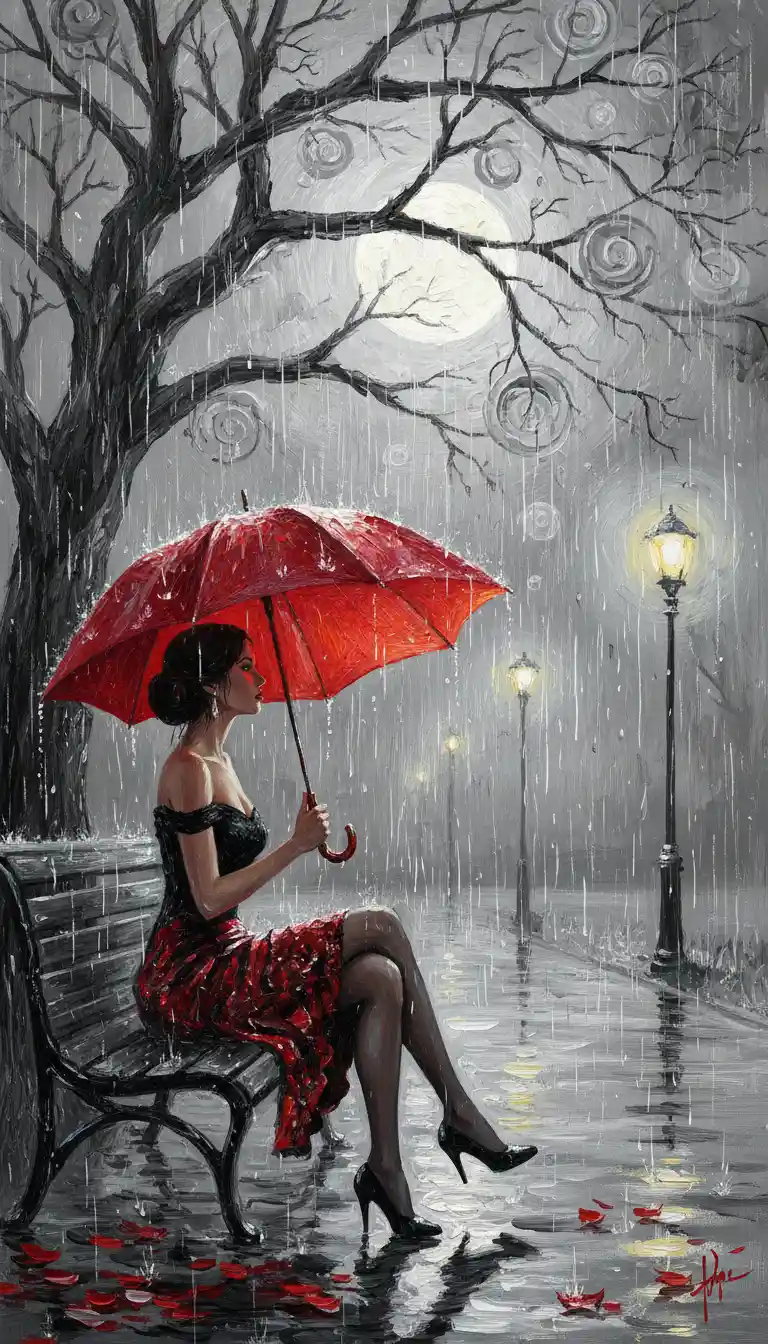 Woman with red umbrella on a rainy night park bench