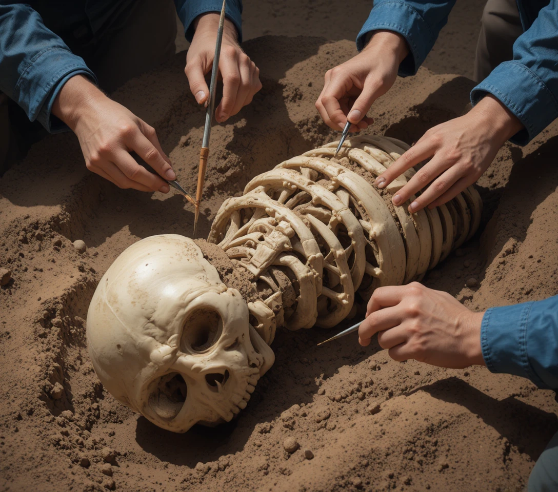 Archeologi che spazzolano il terreno da un antico scheletro umano