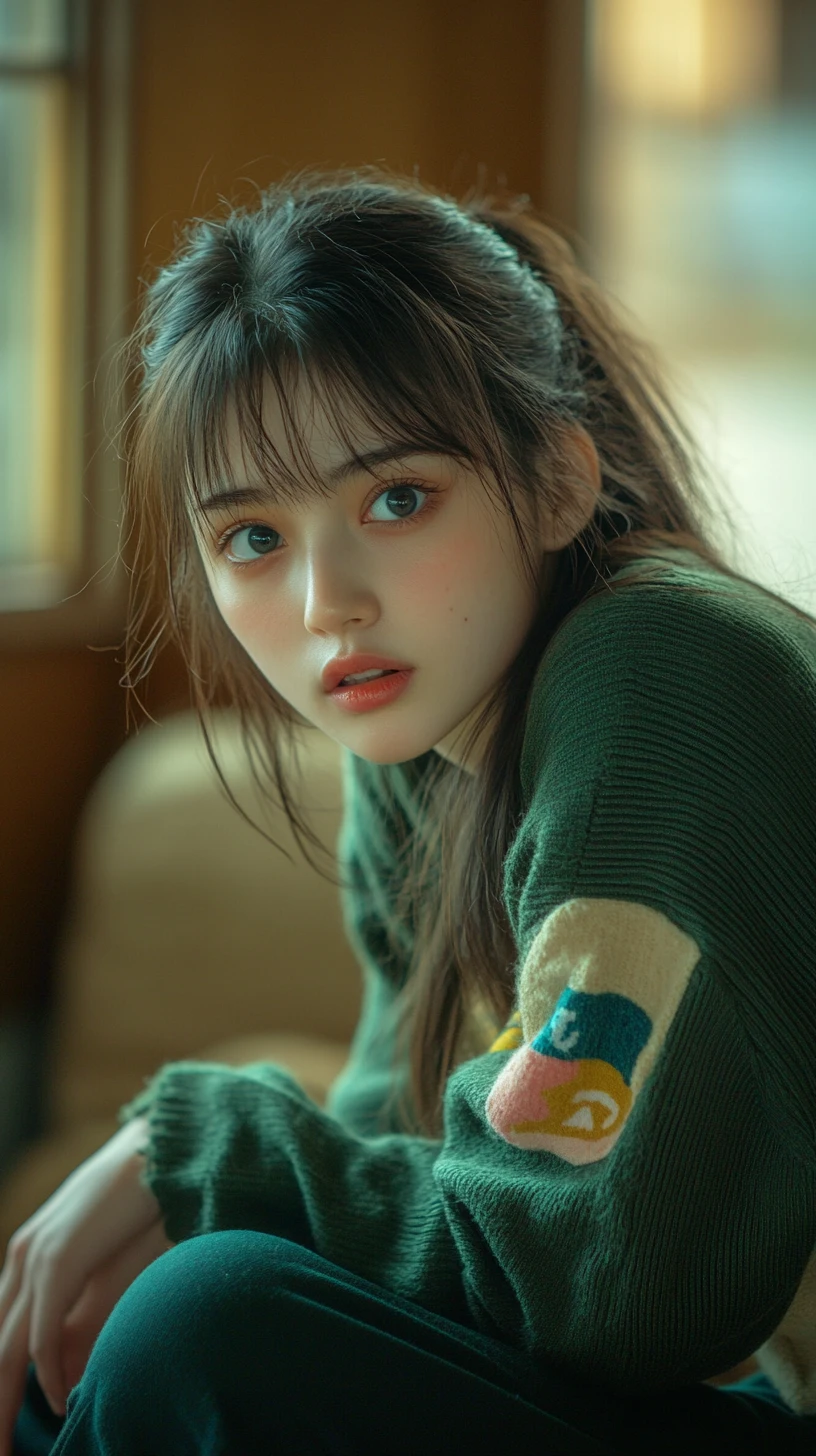 Cozy anime girl relaxing in a soft warm interior