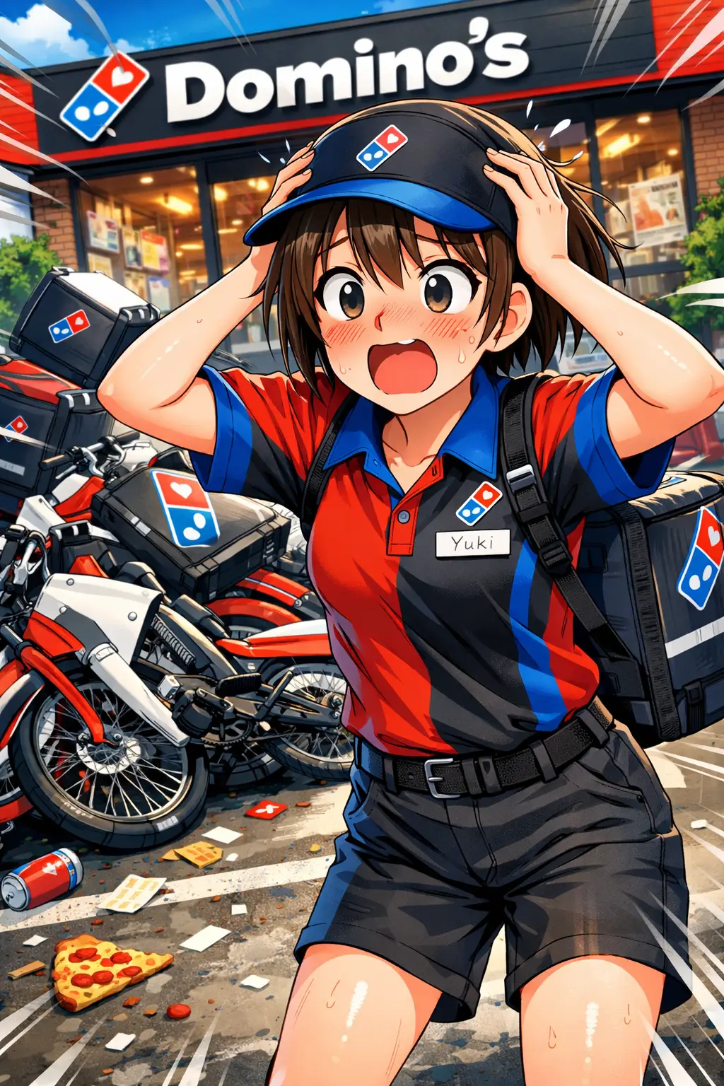 Shocked anime pizza girl at bike parking lot chaos